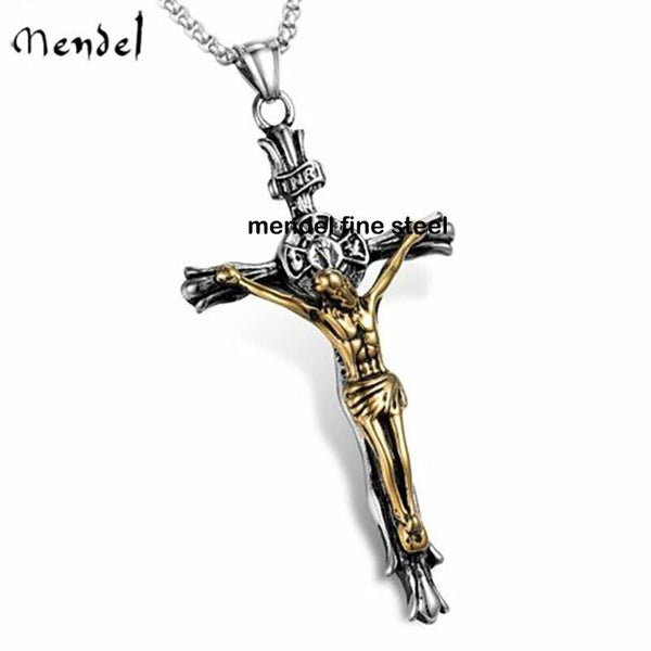MENDEL Large Big Mens Gold Plated Catholic Jesus Crucifix Cross Necklace Pendant Carousel 1