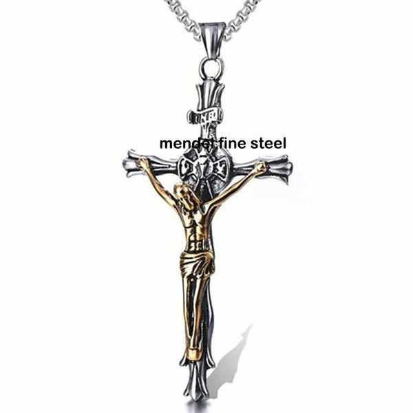 MENDEL Large Big Mens Gold Plated Catholic Jesus Crucifix Cross Necklace Pendant Carousel 2