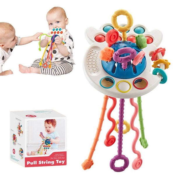 Montessori Pull String Toys for 6-12 Months Babies Silicone Teether-Blue Carousel 1