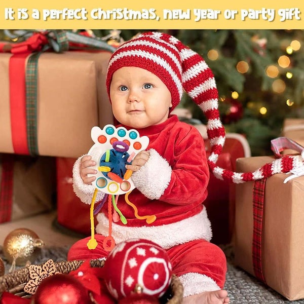 Montessori Pull String Toys for 6-12 Months Babies Silicone Teether-Blue Carousel 7