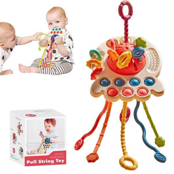 Montessori Pull String Toys for 6-12 Months Babies Silicone Teether-Red Carousel 1