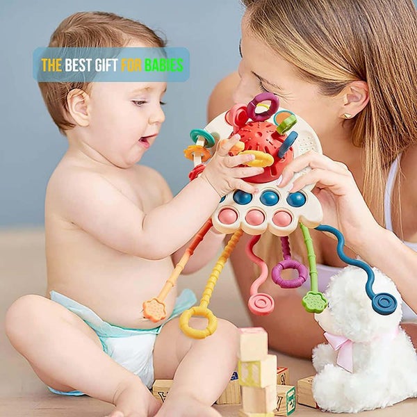 Montessori Pull String Toys for 6-12 Months Babies Silicone Teether-Red Carousel 7