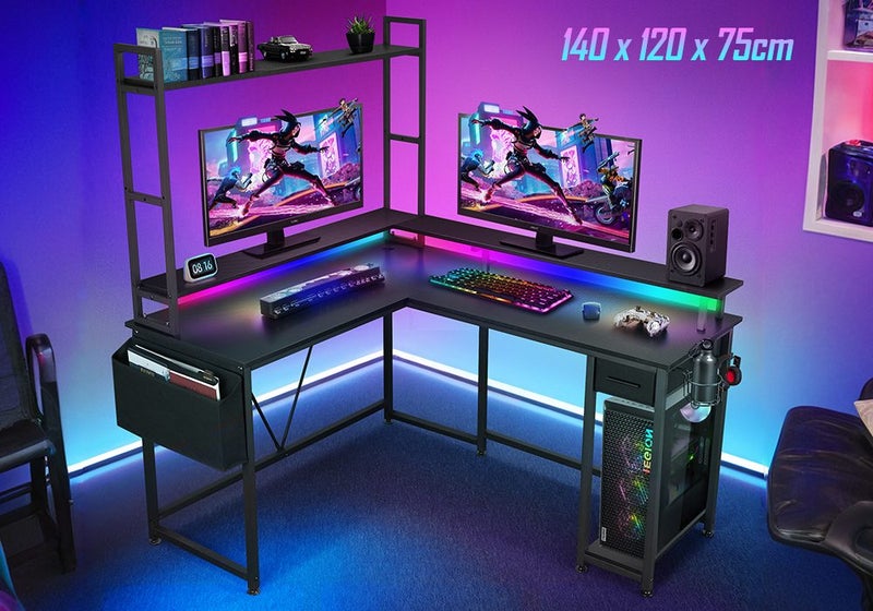 Gaming Desk L Shaped Drawer Computer Racer Standing Side Table LED Lights Carousel 1