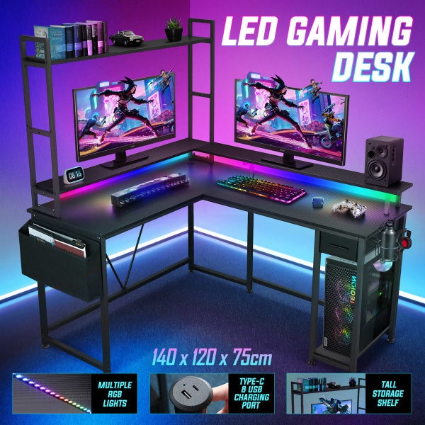 Gaming Desk L Shaped Drawer Computer Racer Standing Side Table LED Lights Carousel 2