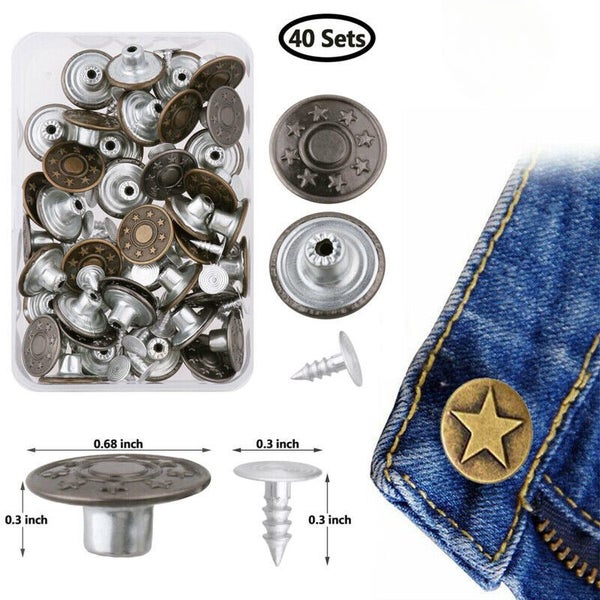 40 Set Metal Denim Jeans Tack Snap Buttons Rivets for Repair Replacement+Box Kit Carousel 1