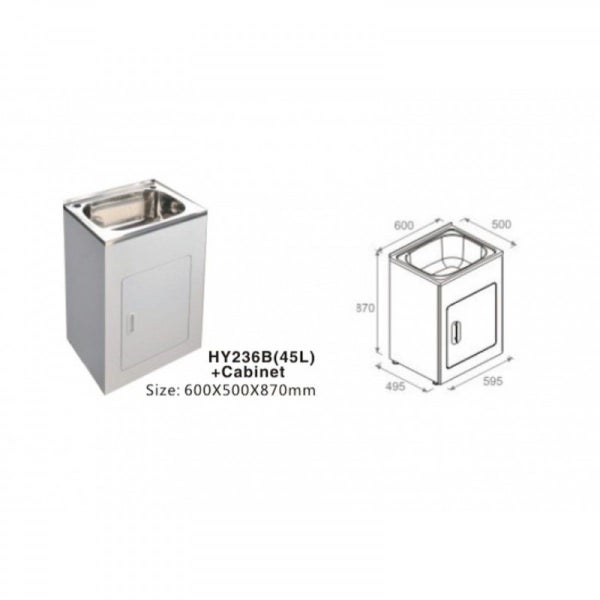 Laundry Tub 45L Stainless Steel Sink Cabinet Trough Adjustable 600x500x870mm Carousel 1