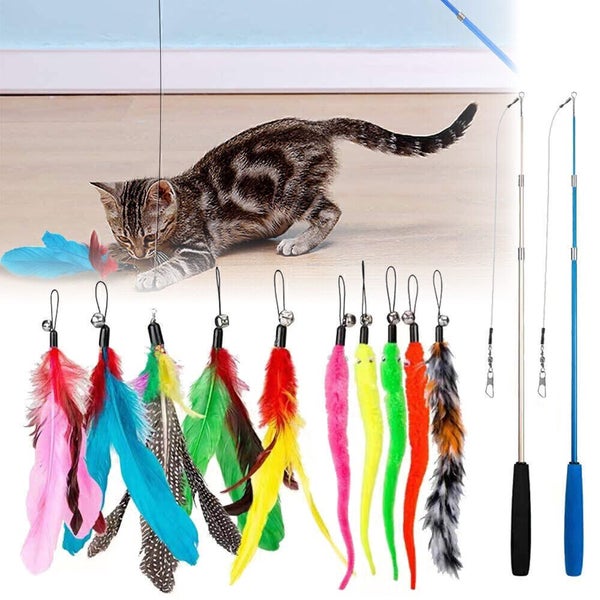 Cat Kitten Toy Feather Bell Wand Teaser Rod Interactive Play Pet Toys Gift 12Pcs Carousel 2