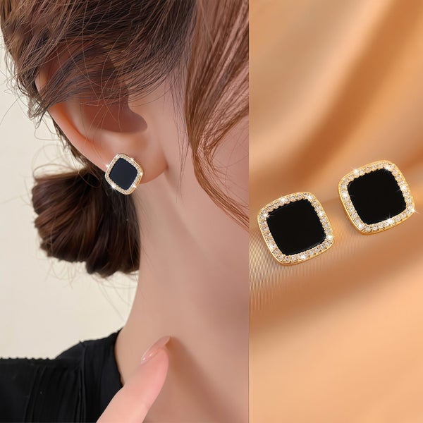 Elegant Square Black Enamel Earrings Framed with Shimmering Crystals Carousel 1