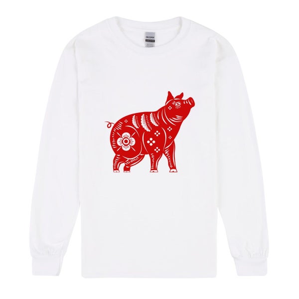 Chinese Zodiac New Year Pig Animal Art Mens White Long Sleeve T Shirt Tee Top Carousel 1
