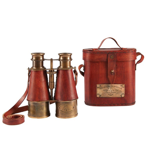 Brass and leather old style binoculars - use or display - stunning gift idea. Carousel 1