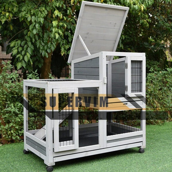 Brand New Rabbit Hutch Chicken Coop Guinea Pig Ferret Cage Outdoor With Wheels Carousel 12