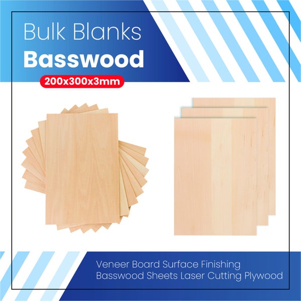 Bulk Blanks- Basswood Plywood 300x200x3mm Sheets for Laser Engraving (10 Pcs) Carousel 1