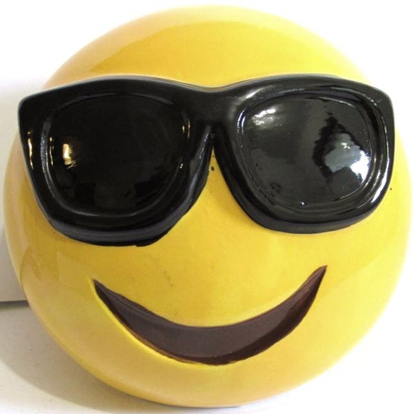 Emoji Money box, smiley face with sun glasses. Ceramic, 12cm tall. Carousel 1