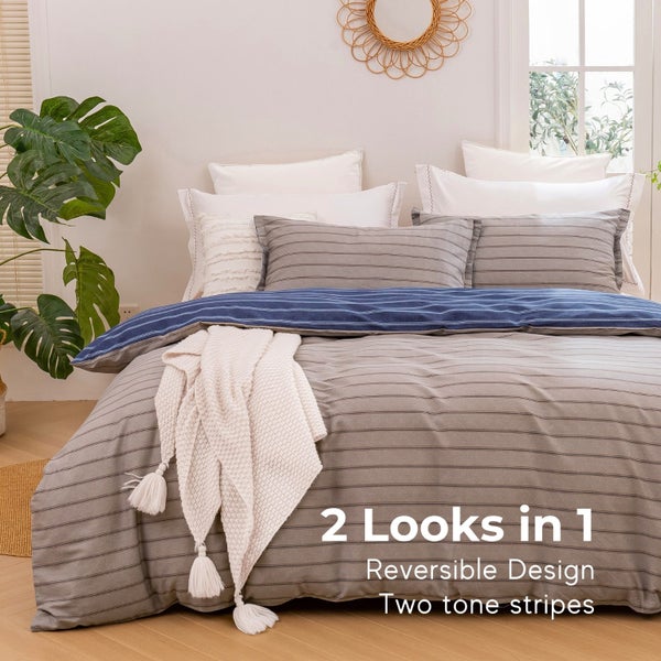 Dreamaker Amalfi Stripe 100% Cotton Reversible Duvet Cover Set Blue King Carousel 2