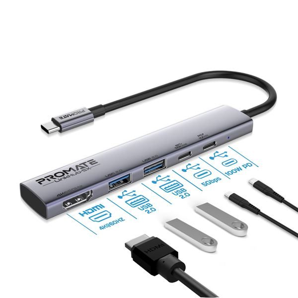 PROMATE 5-in-1 Multi-Port 100W PD Compact Hub with USB-C Connector. Includes 2x Carousel 1