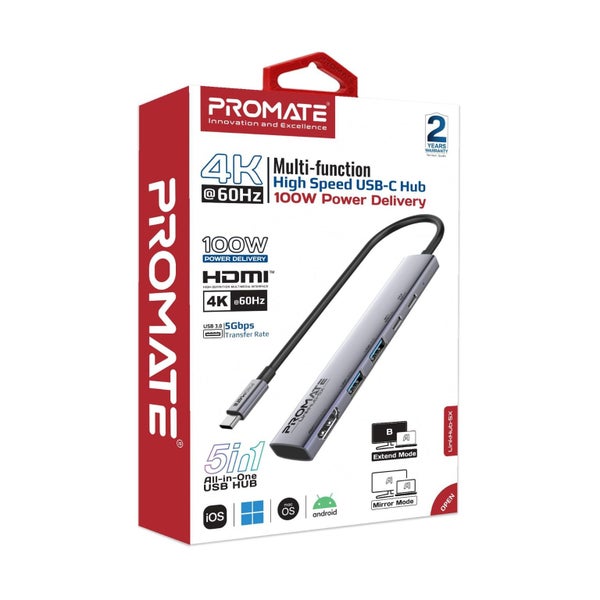 PROMATE 5-in-1 Multi-Port 100W PD Compact Hub with USB-C Connector. Includes 2x Carousel 2