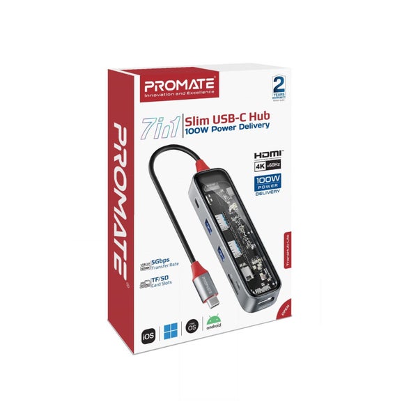 PROMATE 7-in-1 USB Multi-Port Hub with USB-C Connector with 4K HDMI Port; Dual U Carousel 2