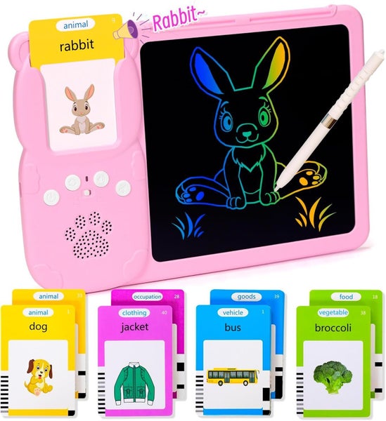 Talking Flash Cards with LCD Drawing Scribble Boards Montessori Toys - PINK Carousel 1