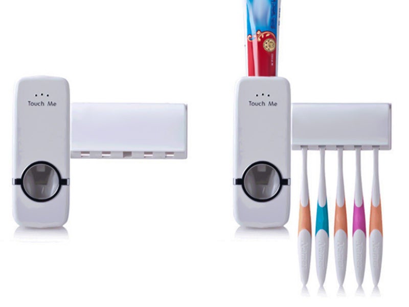 2X Toothpaste Dispenser and 5 Toothbrush Holder Set Wall Mount Stand Carousel 1