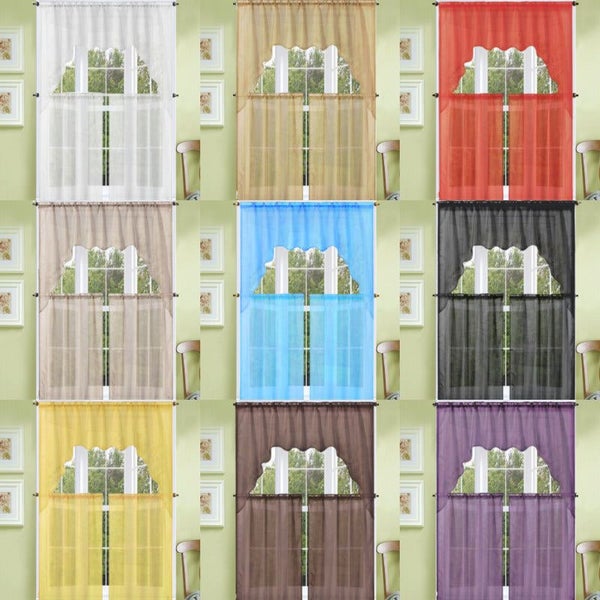 3PC (K66) SOLID VOILE SHEER KITCHEN WINDOW CURTAIN 2 TIERS + 1 SWAG VALANCE SET Carousel 1