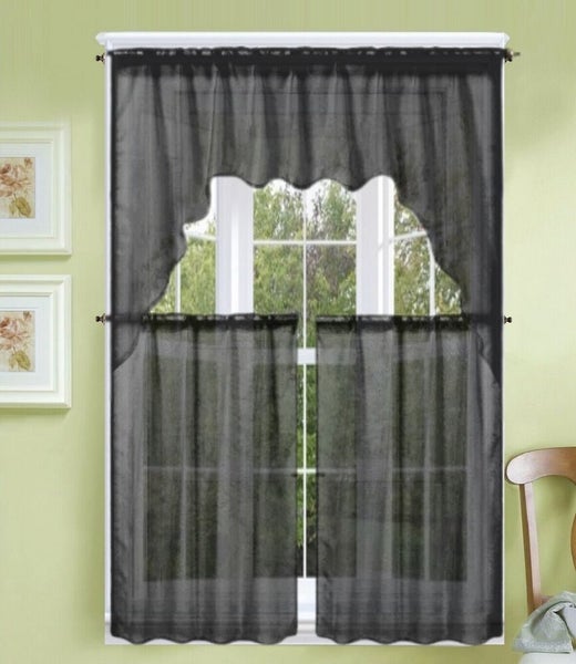3PC (K66) SOLID VOILE SHEER KITCHEN WINDOW CURTAIN 2 TIERS + 1 SWAG VALANCE SET Carousel 2