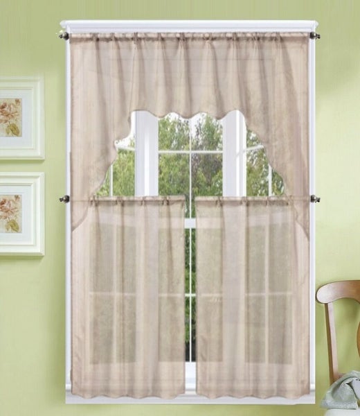 3PC (K66) SOLID VOILE SHEER KITCHEN WINDOW CURTAIN 2 TIERS + 1 SWAG VALANCE SET Carousel 20