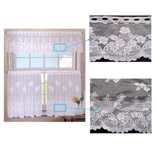 3 Pce Cafe White FLORA Lace Kitchen Window Curtain Set Carousel 1