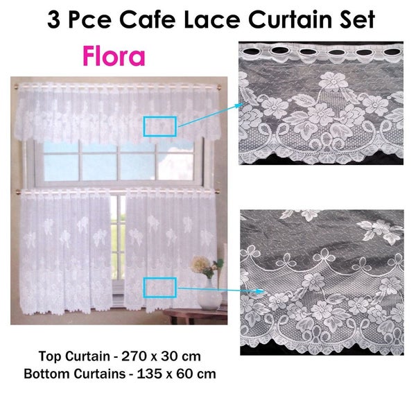 3 Pce Cafe White FLORA Lace Kitchen Window Curtain Set Carousel 2