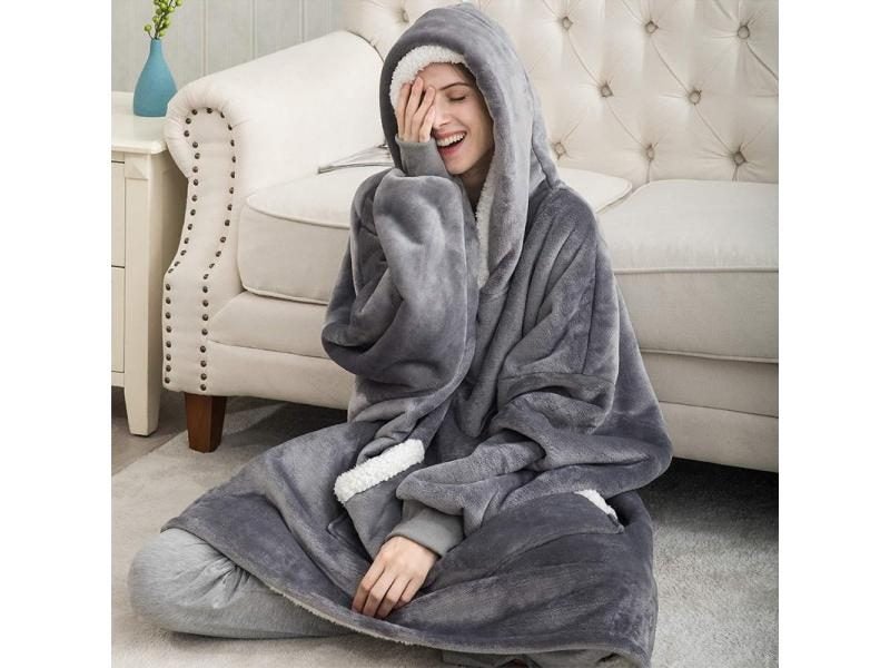 Plaid Hooded Adult Soft Warm Fleece Sofa Blanket With Sleeves Winter Plush TV Carousel 1