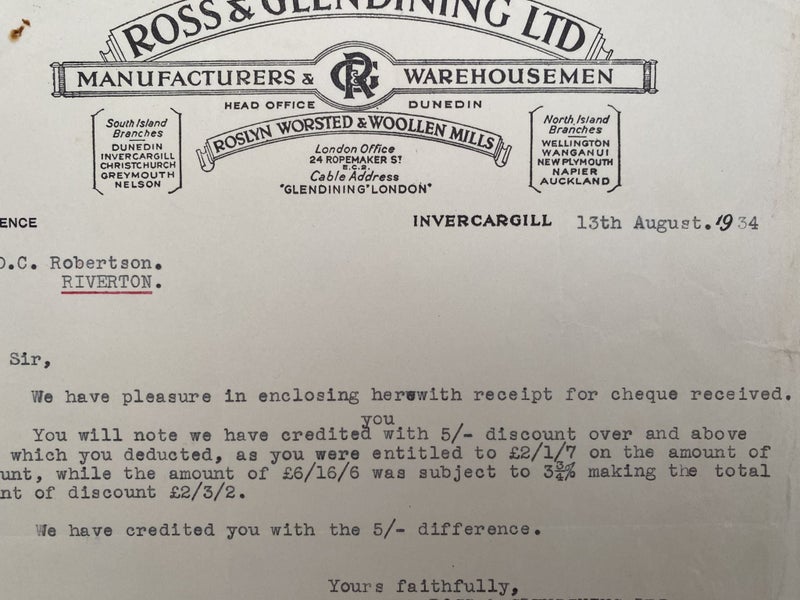 OLD INVOICE: Ross Glendining Ltd - Warehousmen & Woolens, Dunedin 1934 Carousel 1