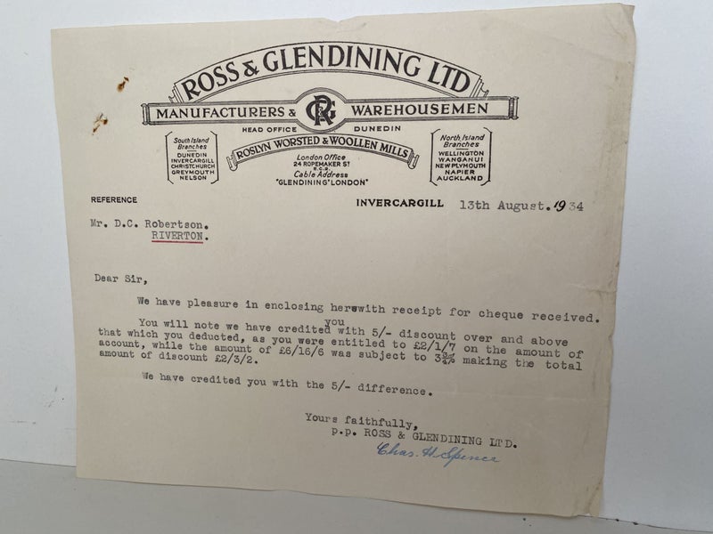 OLD INVOICE: Ross Glendining Ltd - Warehousmen & Woolens, Dunedin 1934 Carousel 2
