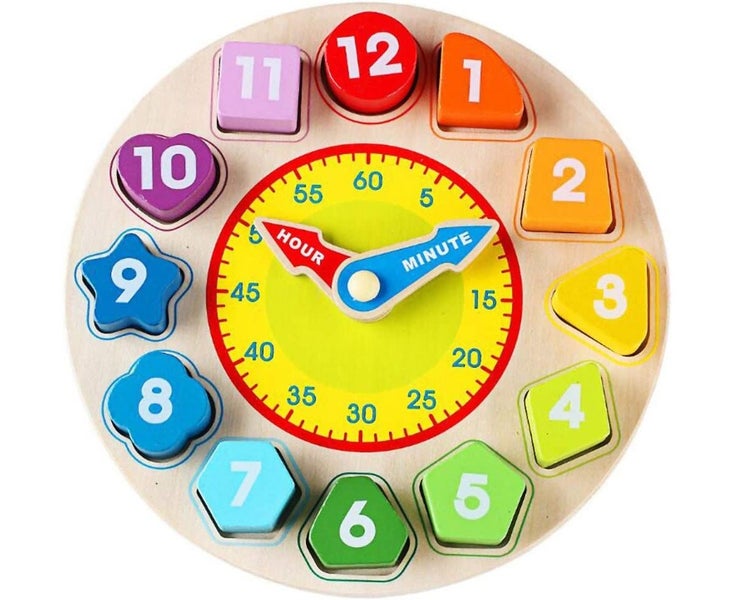 Time Clock Toy for Kids Wooden Time Learning Shape Sorting Color Game Monte Carousel 1