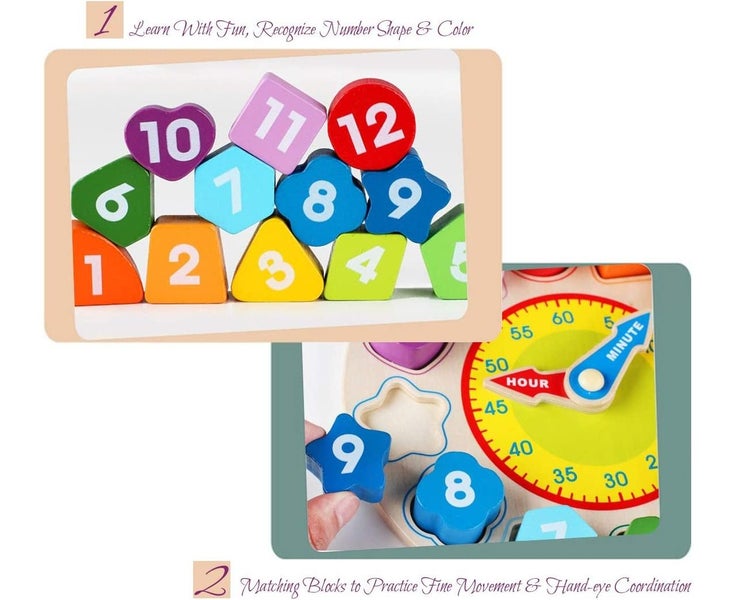 Time Clock Toy for Kids Wooden Time Learning Shape Sorting Color Game Monte Carousel 2