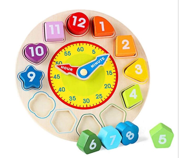 Time Clock Toy for Kids Wooden Time Learning Shape Sorting Color Game Monte Carousel 5
