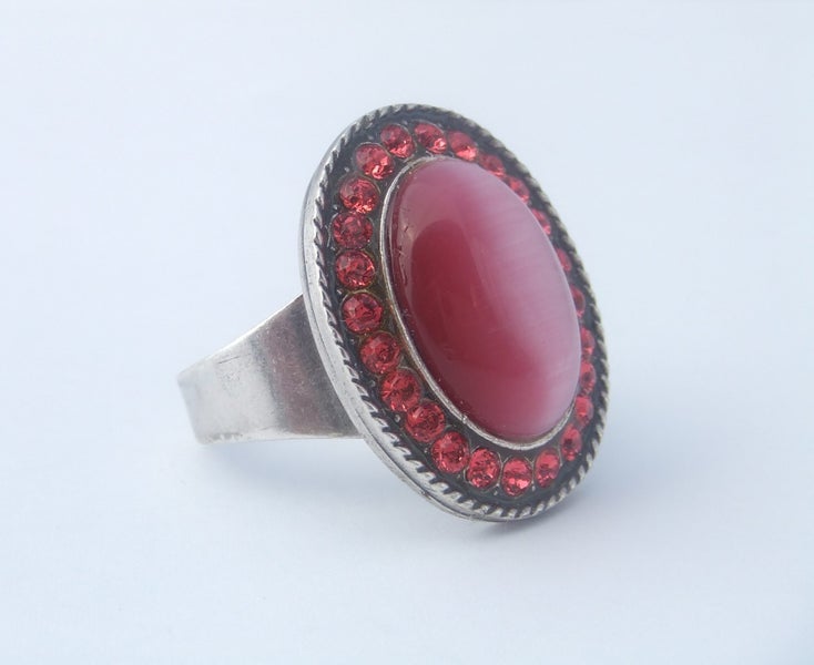 Cats Eye and Crystal Pewter Ring - Pink & Coral Pink Carousel 1