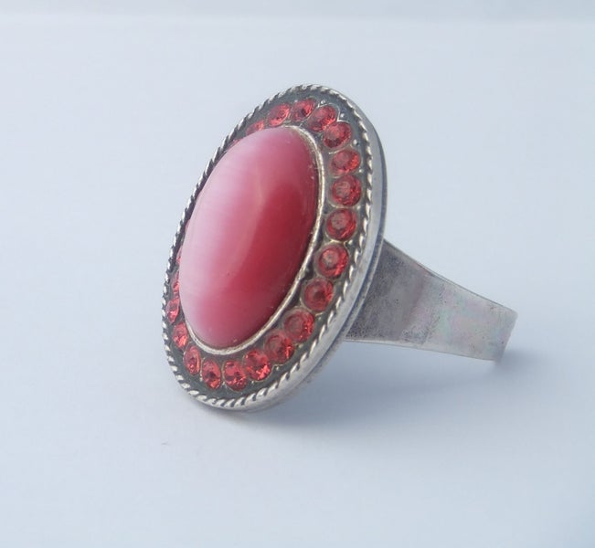 Cats Eye and Crystal Pewter Ring - Pink & Coral Pink Carousel 3