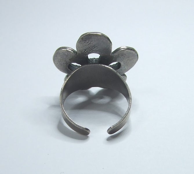 Lovely Pewter Flower Ring with Rose Pink Crystal Carousel 3