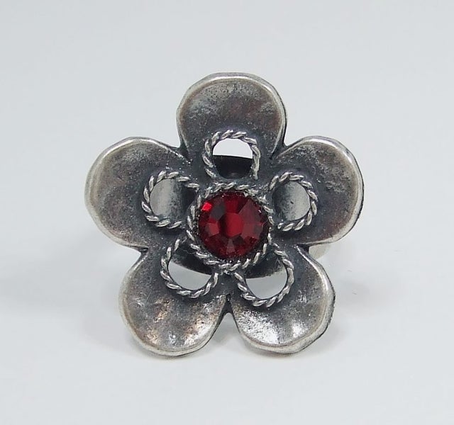 Israeli Pewter Flower Ring - Red Carousel 1