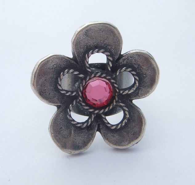 Lovely Pewter Flower Ring with Rose Pink Crystal Carousel 1