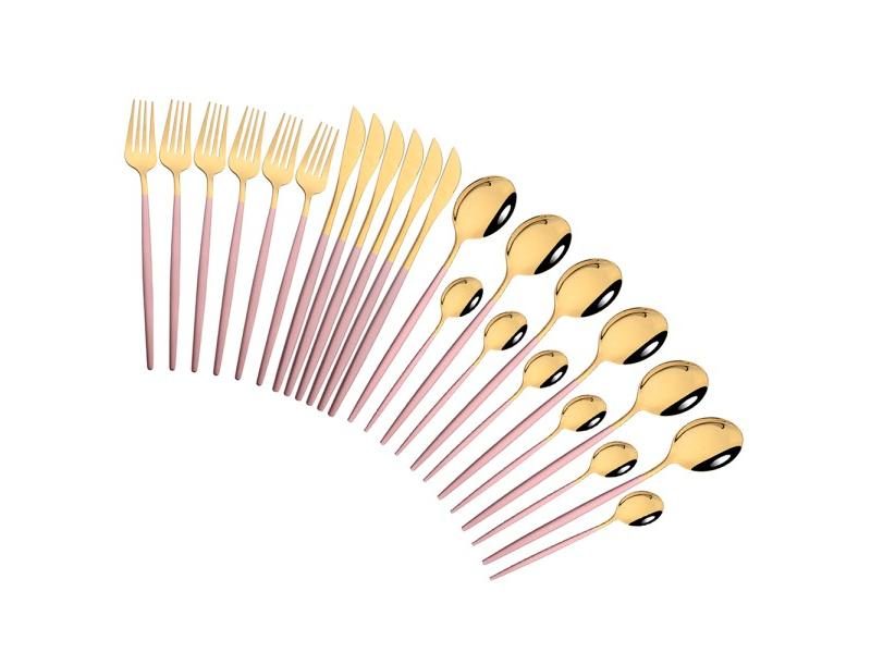 Pink Gold Cutlery Set Stainless Steel Dinnerware Set 24Pcs Knives Forks Coffee Carousel 2