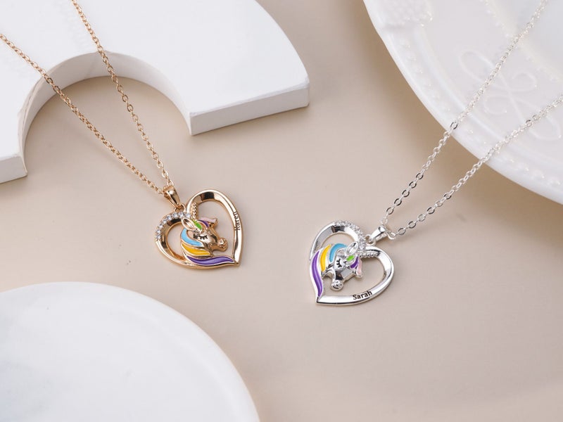 Personalized Unicorn Diamond Heart Name Necklace. Engraved Pendant for Girls Carousel 1