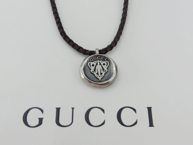 Gucci Sterling Silver Black Dark Red Cord with Crest Tag Unisex Pendant Necklace Carousel 1