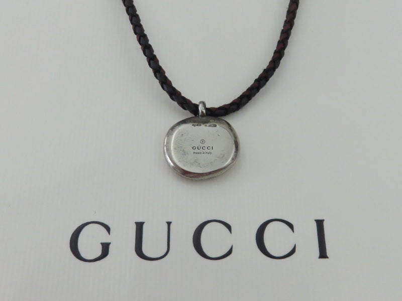 Gucci Sterling Silver Black Dark Red Cord with Crest Tag Unisex Pendant Necklace Carousel 2