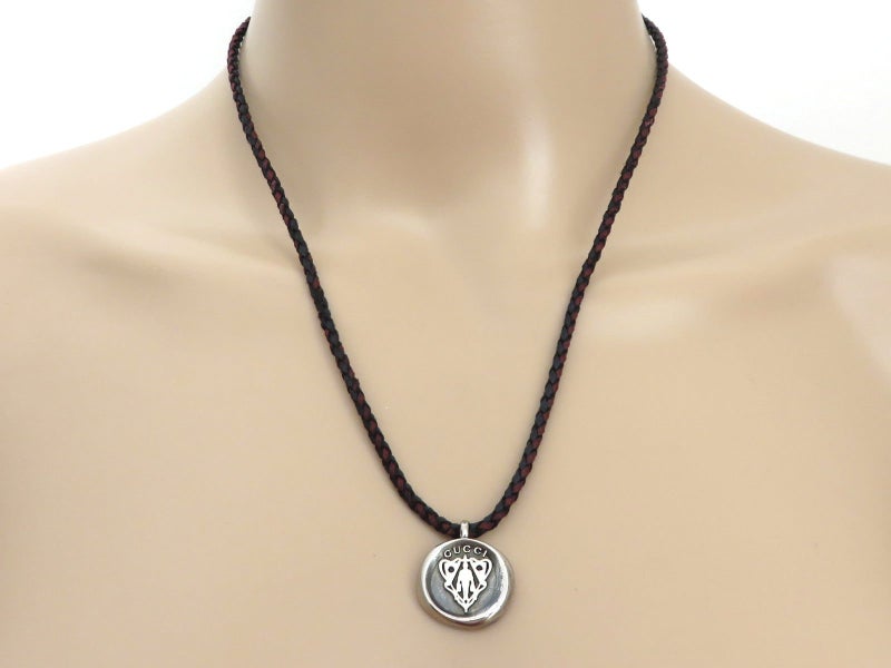 Gucci Sterling Silver Black Dark Red Cord with Crest Tag Unisex Pendant Necklace Carousel 4