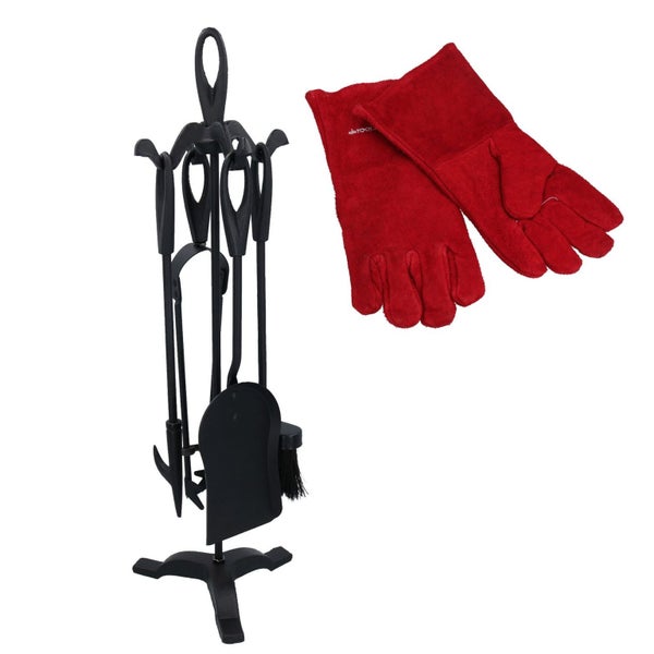 Fire Fireside Fireplace Log Burner Companion Set 5pc & Heat Resistant Gloves Carousel 1