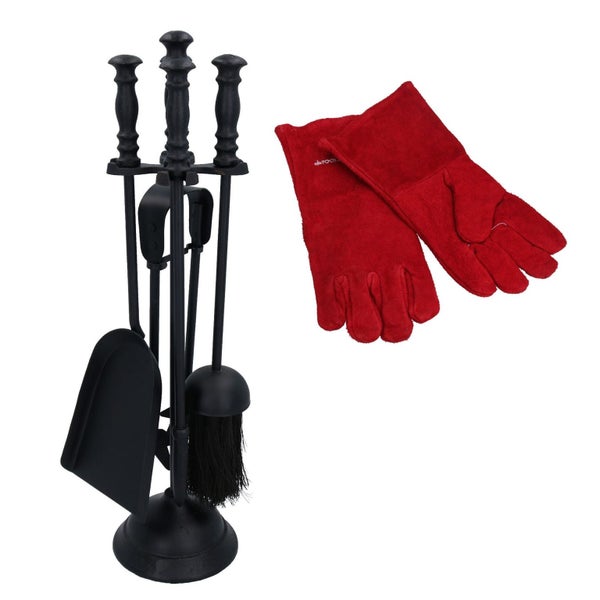 5pc Log Burner Fire Fireside Fireplace Companion Set & Heat Resistant Gloves Carousel 1