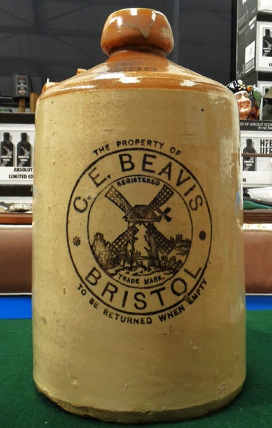 LARGE 2 Gallon SODA WATER Crock WINDMILL Logo Bottle Jar C E BEAVIS Bristol UK Carousel 1