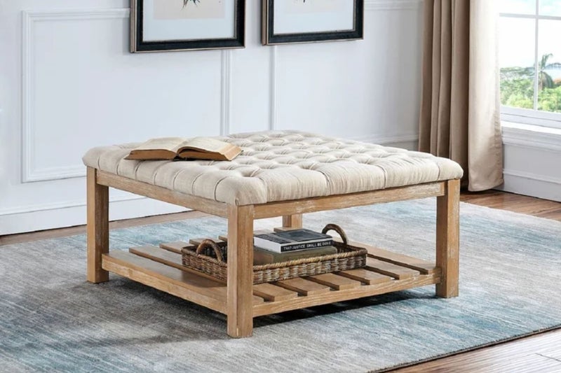 MARCEL Solid Wood Tufted Ottoman/Coffee Table with Shelf Carousel 1