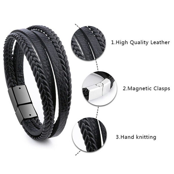 Magnetic Mens Leather Wrist Braided Bracelet Wristband Bangle Carousel 2