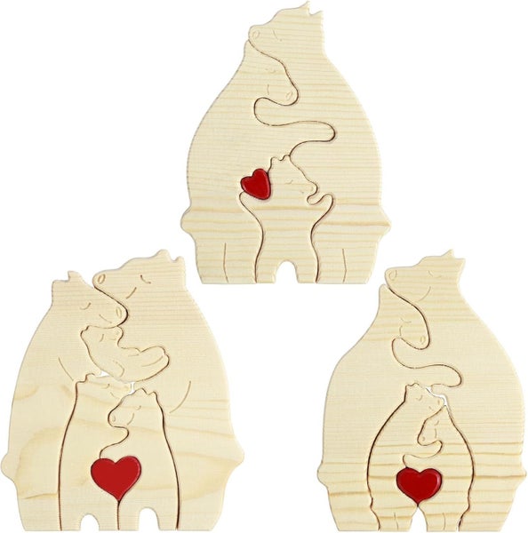 3Pcs Wooden Bears Sculpture Wood Bear Puzzles Wood Art Bear Family Art Puzzle Carousel 1